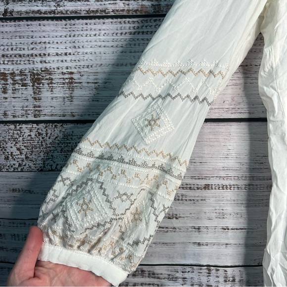 Monoreno Large Boho Shirt White Embroidered Long Sleeve Top - Picture 6 of 8